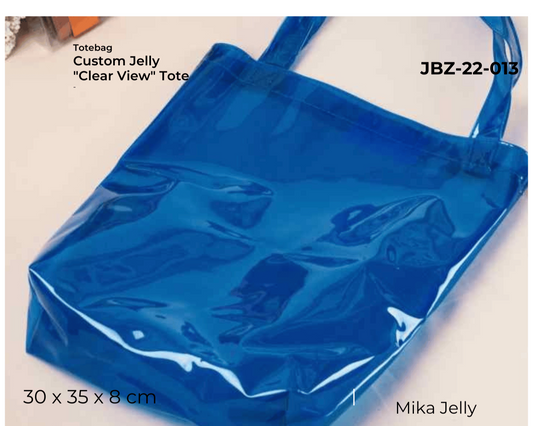 Blue jelly tote bag with text and measurements on a light background