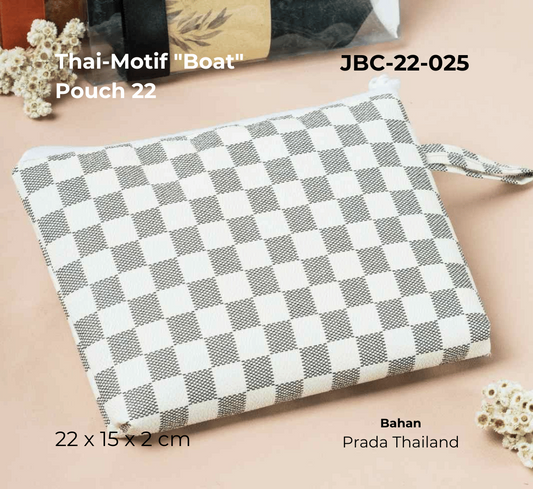 Checkered pouch with text detailing product name, size, and material on a beige background
