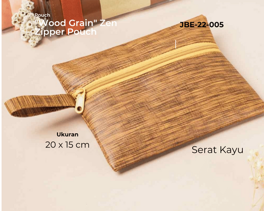 Wood grain zipper pouch with specifications on a light background